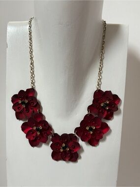 Red Flower Bib Statement Necklace Gold Tone Base Metal Chain